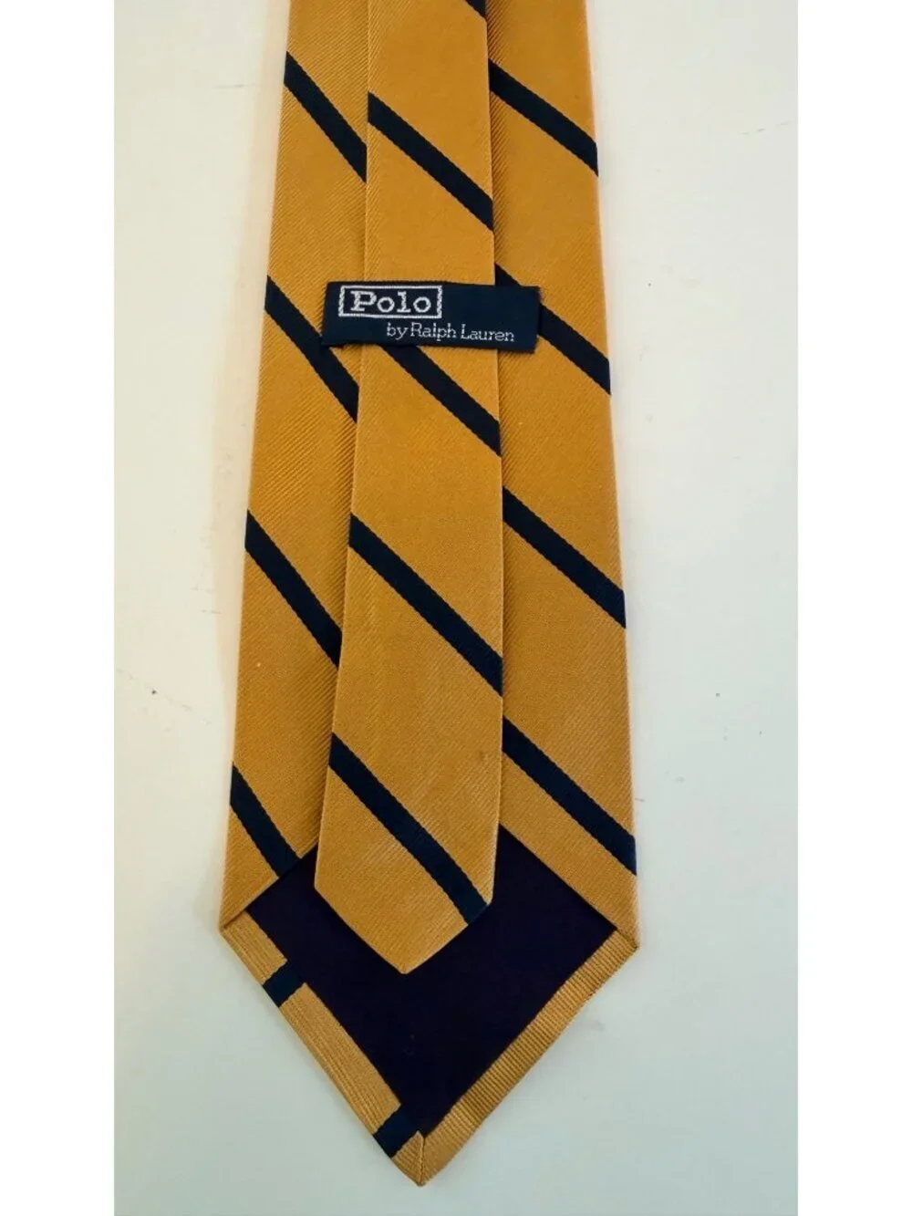 Polo By Ralph Lauren Gold & Navy Blue Striped 100% Silk Handmade Tie Made In USA